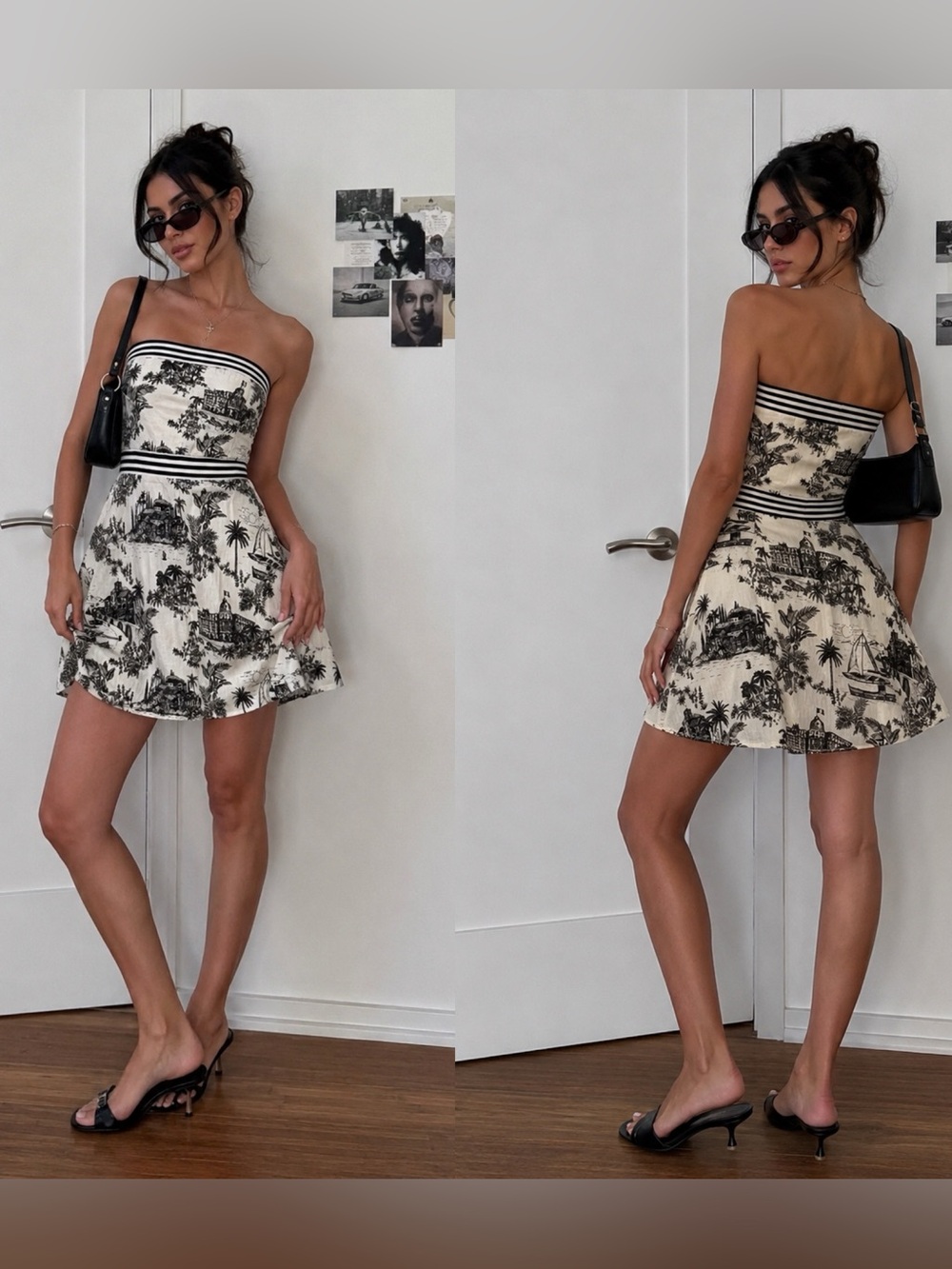 Tommy Bahama Linen Strapless Toile Print Mini Dress Black White Resort Y2K,Small
